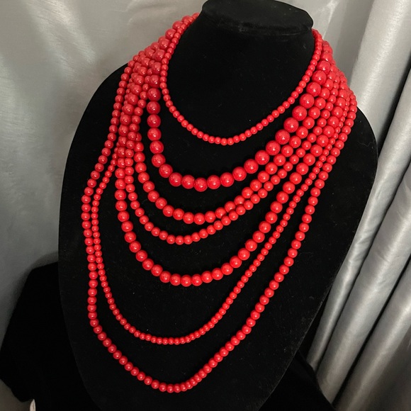 Multi-Strand Red Beaded Necklace - Picture 3 of 4